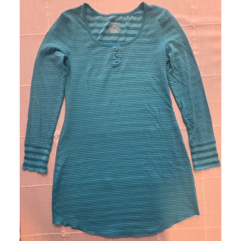 Xhilaration Womens Striped Henley Nightgown Blue Teal Long Sleeve Sleepwear M